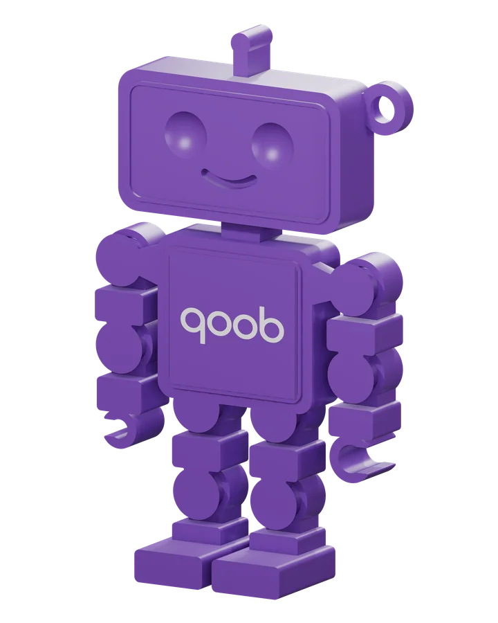 Qooboid in Qoob Violet, angled view, with qoob on the chest